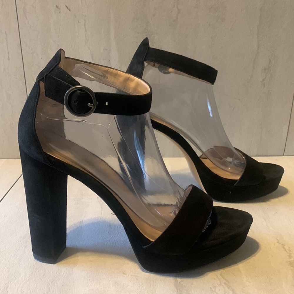 Pelle Moda Slip On Black Suede Ankle Strap Heeled Sandals Size 10M